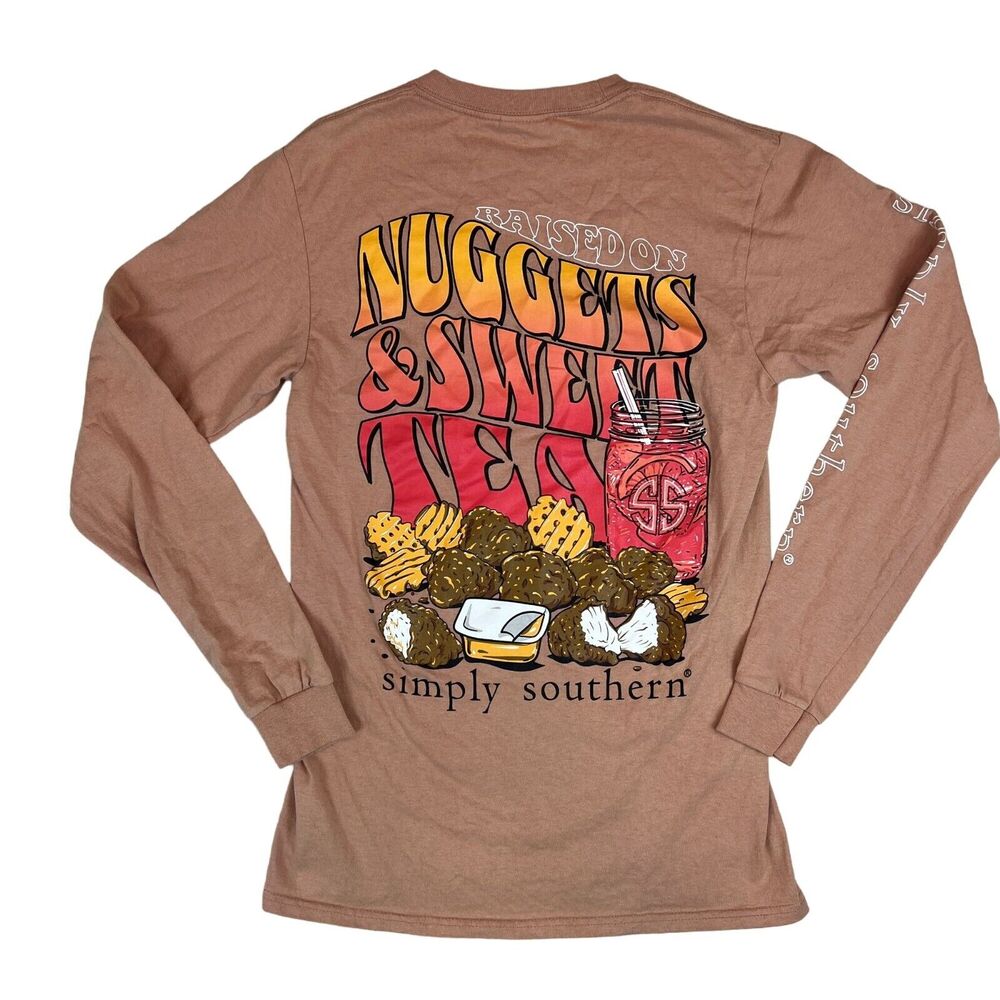 Simply Southern Long Sleeve Womens T-Shirt Sz S Chicken Nuggets & Sweet Tea Tee